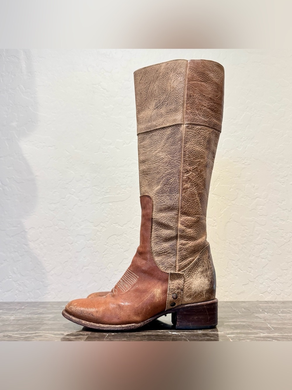Freebird Wrangler Distressed Embossed Leather Knee High Western Riding Boots